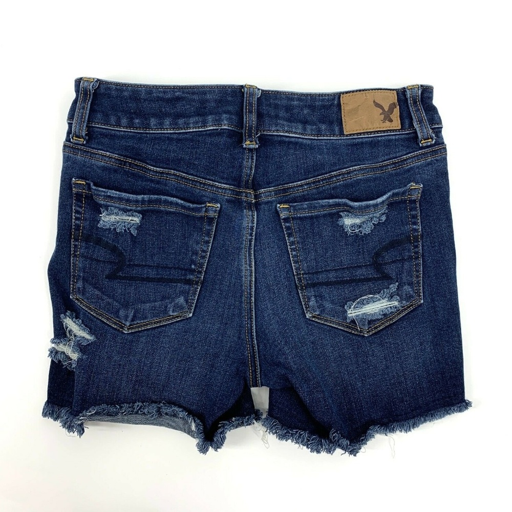 American Eagle Shortie Denim Shorts Blue Hi Rise Distressed AEO - Picture 6 of 8